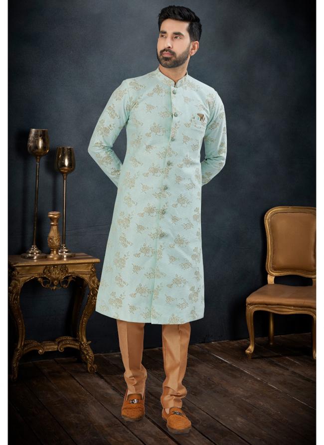 Jacquard Sea Green Traditional Wear Weaving Kurta Pajama